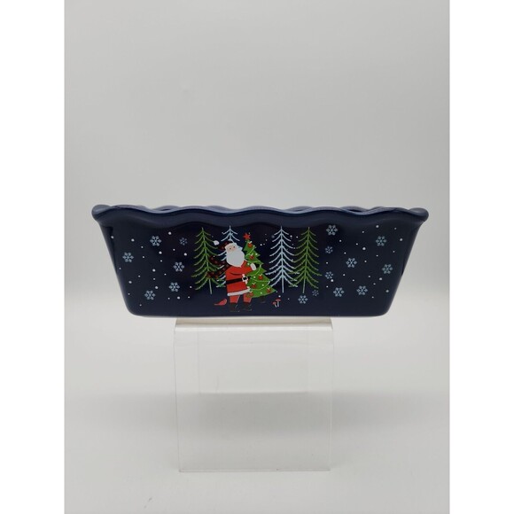 Nantucket Ceramic Mini Loaf Pan Santa Claus Winter Scene Navy Blue NEW 6" x 3" - Picture 1 of 12